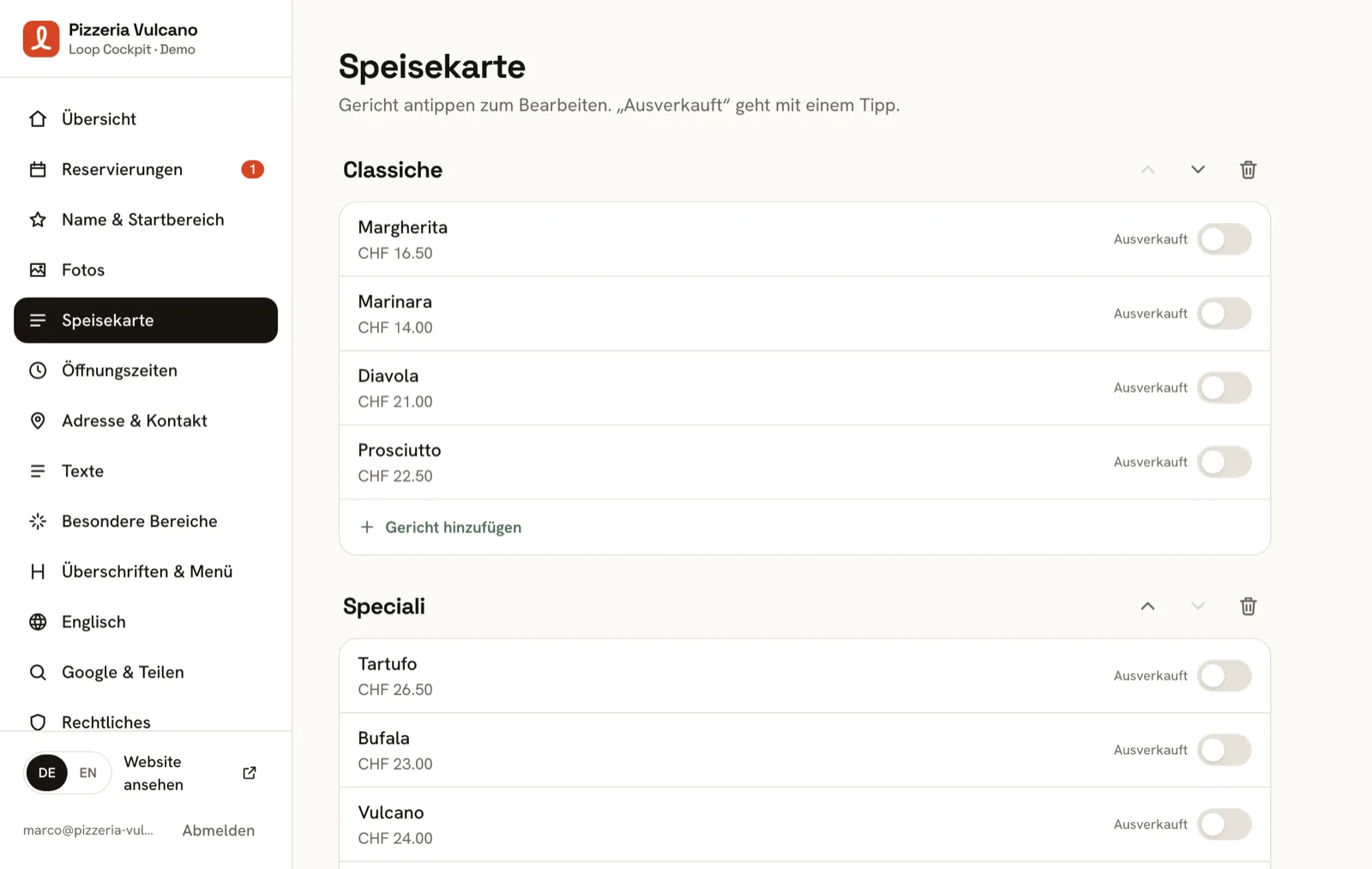 Loop Cockpit: die Speisekarte einer Pizzeria bearbeiten — Gerichte, Preise und «Ausverkauft»-Schalter.