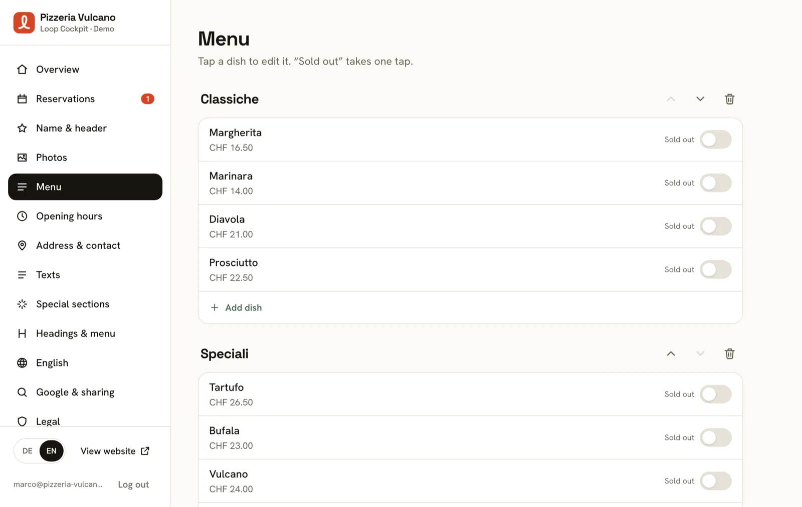 Loop Cockpit: editing a pizzeria’s menu — dishes, prices and “sold out” switches.
