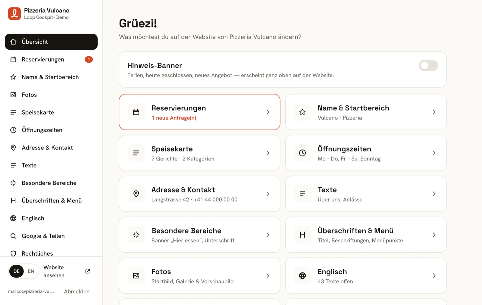 Loop Cockpit, Übersicht: alle Bereiche der Website als Kacheln — Speisekarte, Öffnungszeiten, Fotos, Reservationen und mehr.